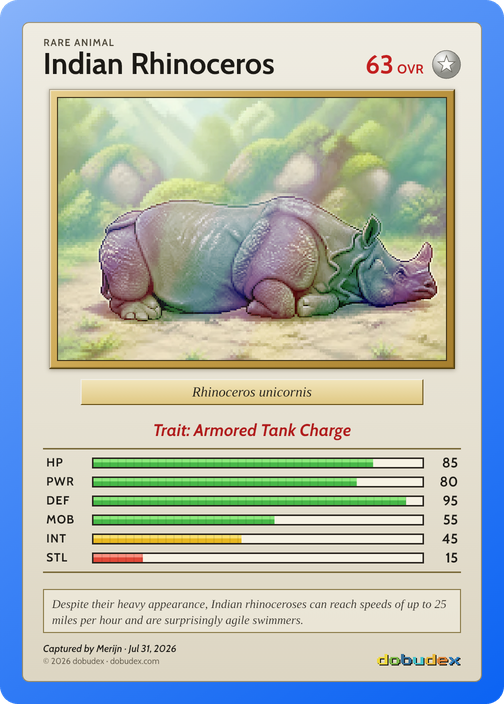 Indian Rhinoceros card from Merijn’s saved scan, dated 31 July 2026