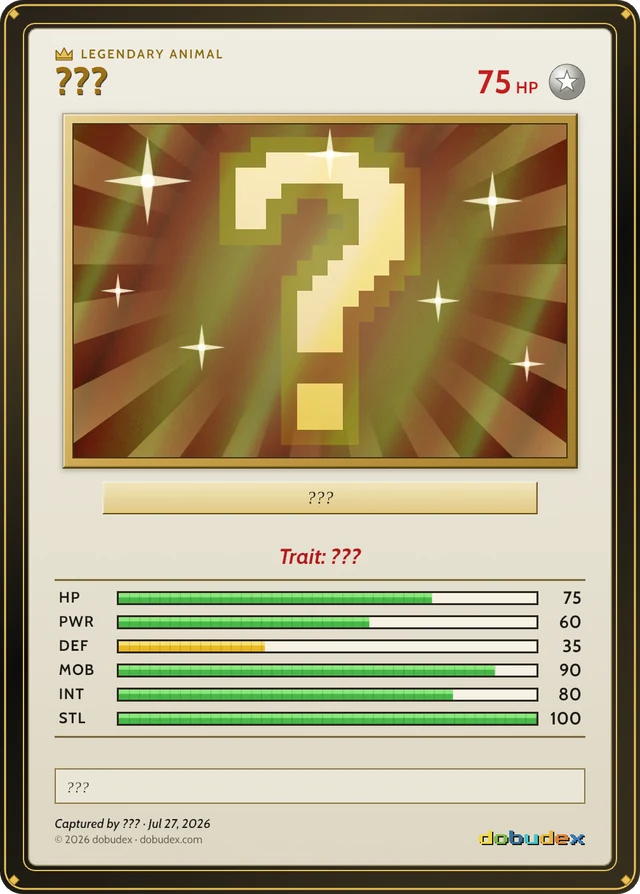 A Legendary dobudex card with the animal withheld: a gold question mark on a sunburst stands where the pixel-art creature would be, the name and trait read as question marks, and the stats run up to a maxed-out 100 stealth