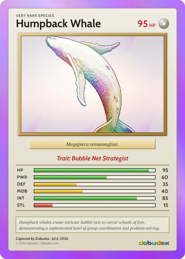Very Rare card: a breaching Humpback Whale in a holographic purple frame