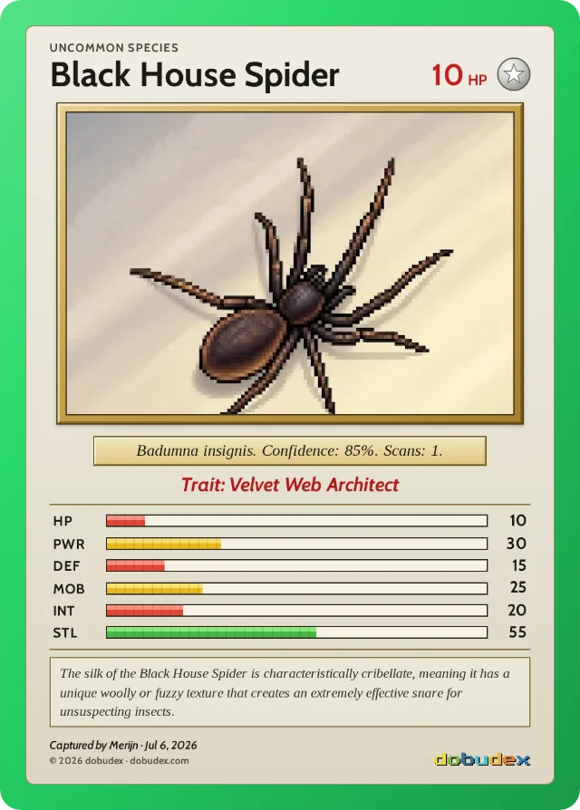 dobudex card: Black House Spider, Uncommon, trait Velvet Web Architect