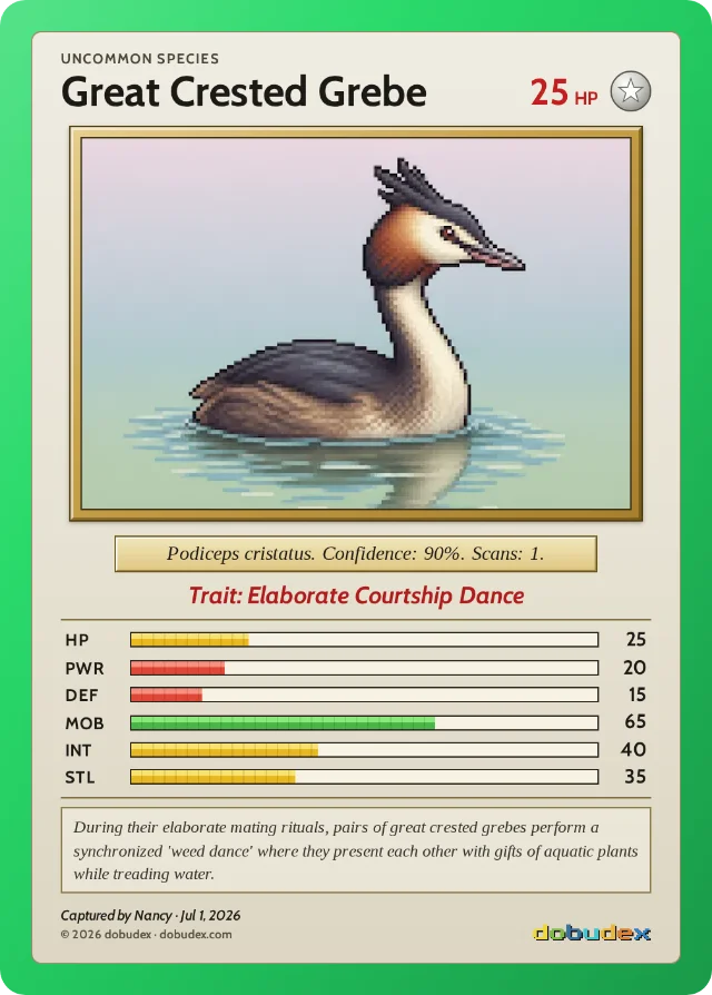 dobudex card: Great Crested Grebe, Uncommon, trait Elaborate Courtship Dance