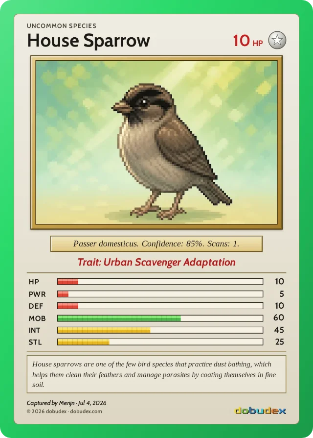 dobudex card: House Sparrow, Uncommon, trait Urban Scavenger Adaptation