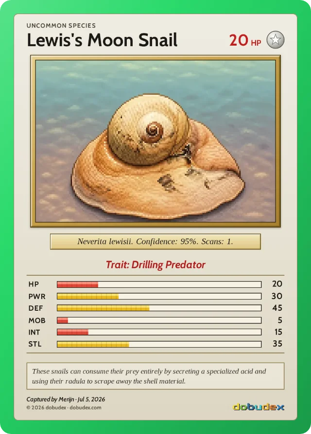 dobudex card: Lewis's Moon Snail, Uncommon, trait Drilling Predator