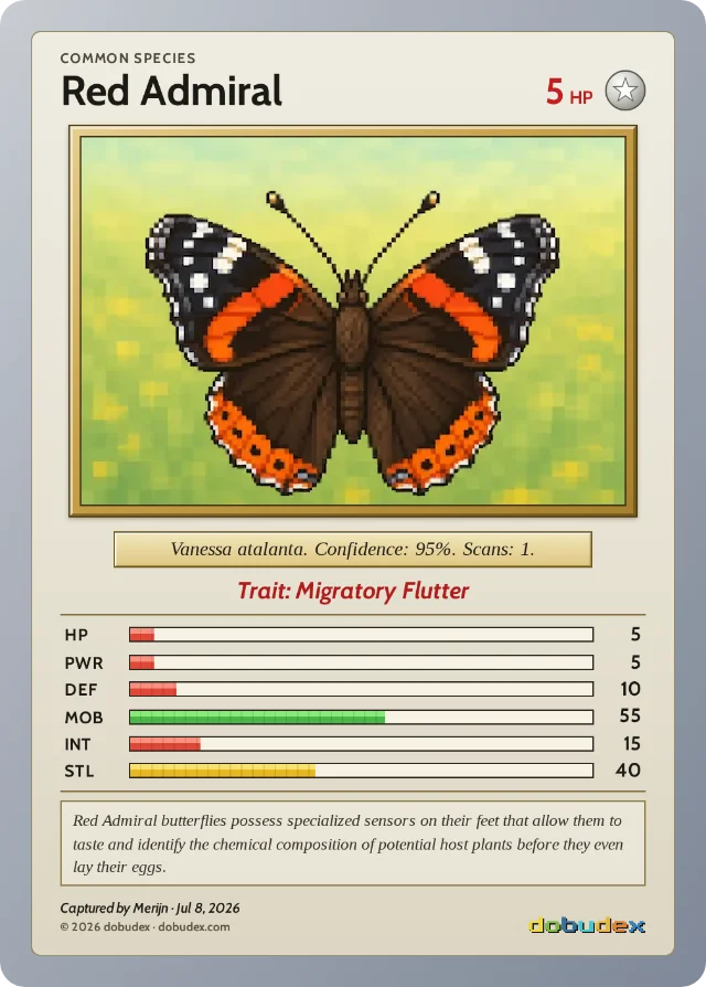 dobudex card: Red Admiral butterfly, Common, trait Migratory Flutter