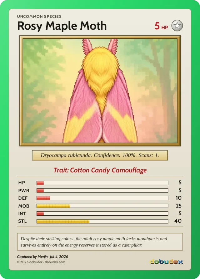 dobudex card: Rosy Maple Moth, Uncommon, trait Cotton Candy Camouflage