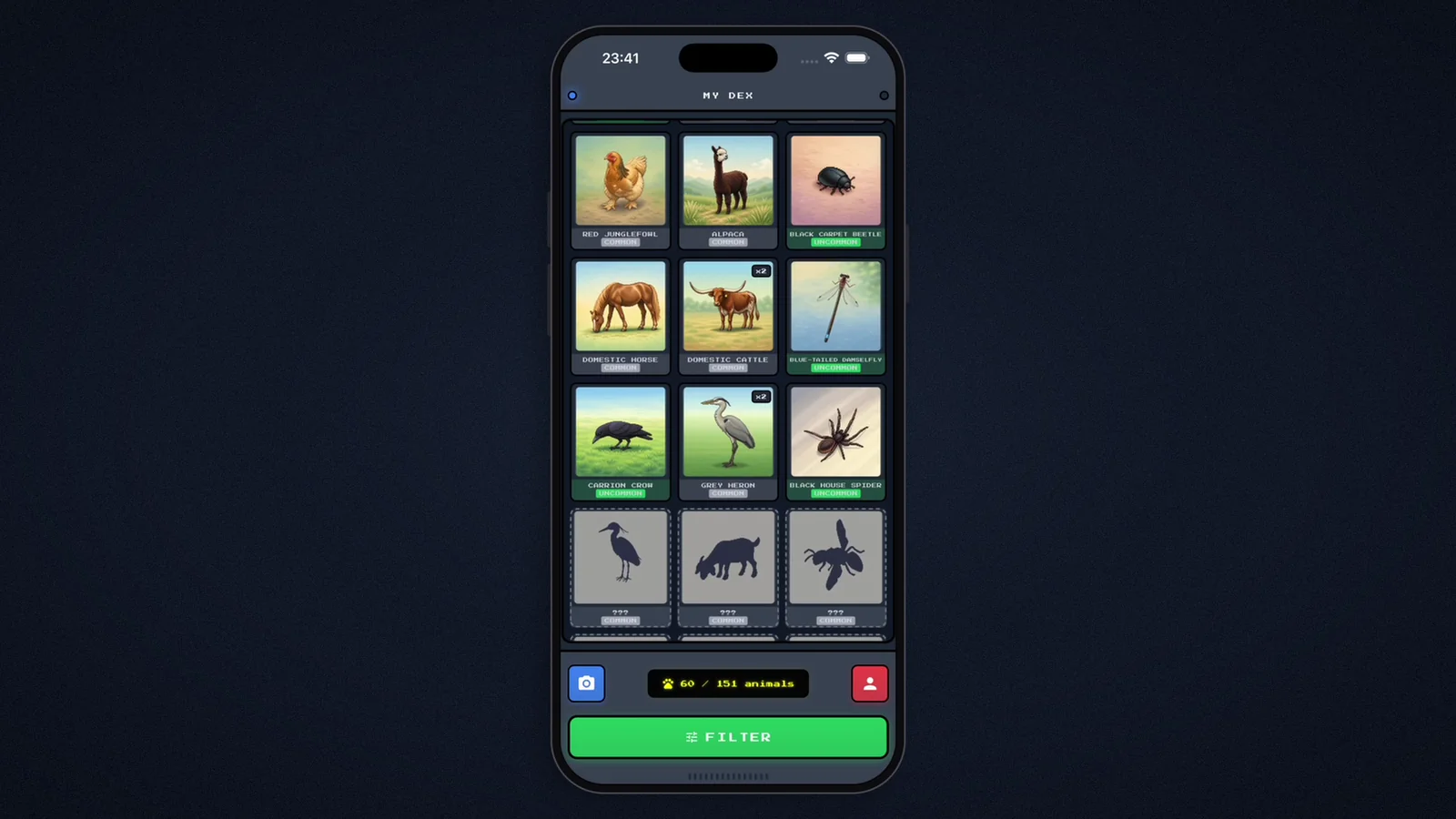 The dobudex Dex screen: a grid of caught animals with rarity labels, still-locked silhouettes below them, and a counter reading 60 of 151 animals