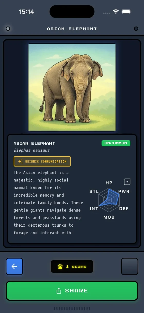An Asian Elephant creature card with stats and rarity